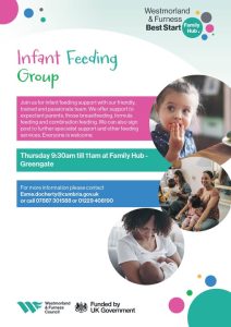 A flyer with event details in pink, green and blue boxes, and imaged of a girl with brown hair eating a snack, mums with toddlers sat on their laps, and a mum breastfeeding a baby