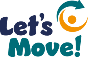 Let's Move! logo. In dark blue and teal, with a stylised head and arms raised forming a curve in orange, and a curved arrow in teal above, creating a circle.