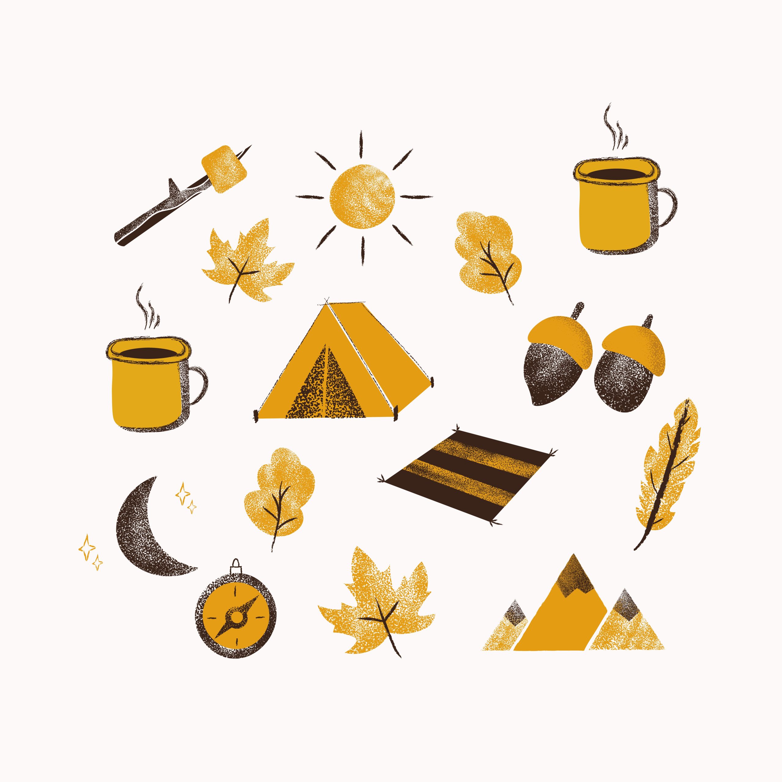 A sketch in shades of yellow and black of tents, mountains, tugs, steaming mugs of drink, a compass, leaves, acorns and a marshmallow on a stick