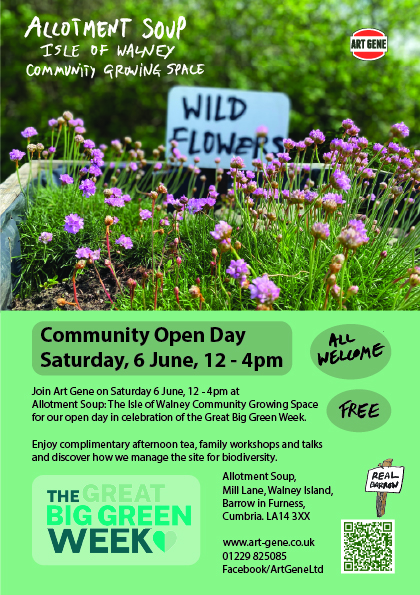 A poster with details of the community open day in black text on a green background. Half the page has a photo of pink flowers in a bed surrounded by a timber frame. A sign with hand-draw text in the background says 'wild flowers'.
