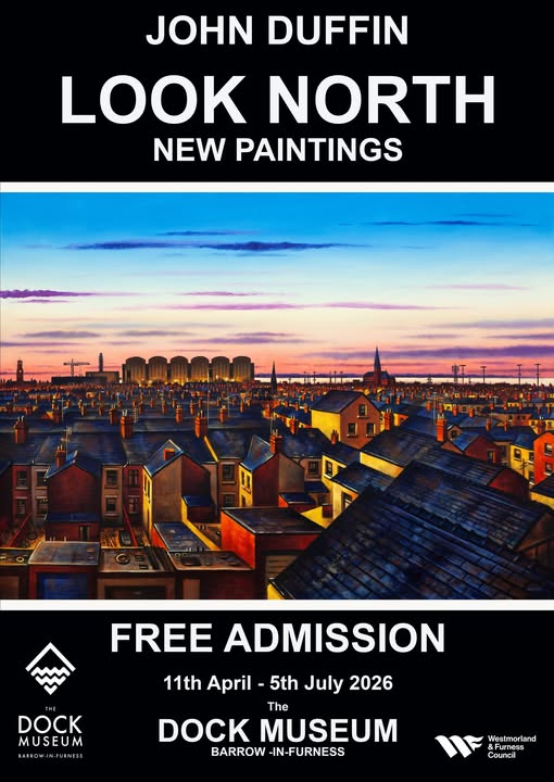 a poster with white text on a black background and details of the exhibition, with a painting showing a town at sunrise or sunset, with factory building and the sea in the distance