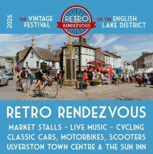 A graphic with white, art-deco style text on a light blue background. There is a photo of cyclists rouding a monument, with a vintage bus and canopied stalls in a town in a background
