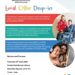 A leaflet with multi-coloured text, and white text within red, green and blue boxes. There are two round images, one of a box in a wheelchair with a girld stood next to him, and another of a young woman wearing headphones at a laptop, with a smiling woman looking over her shoulder