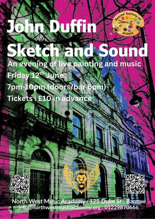 A poster showing a building that has been overlaid with vibrant colours, with details of the event.