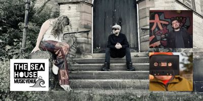 A graphic showing a man in shades, dark clothes and light coloured peaked hat sat on the steps of a church building. A woman with long curly hair is sat on a wall at one side, wearing bright pattered trousers. Two smaller photos are overlaid - one of a man with beard, glasses and dark haor stood in front of graffiti, and another of somone looking through the spool holes of a black cassette tape.
