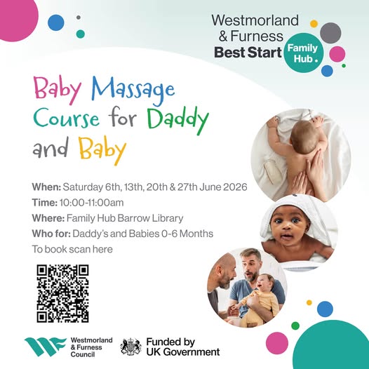 A graphic with details of the Baby Massage sessions, with titles in a handwriting-style font. There are 3 round images. one shows a baby on its front with hands massaging its back. Another shows a baby peeping out from under a blanked. The third shows two men interacting with a smiling baby - one is holding the baby's hand, whilst the other holds the baby.