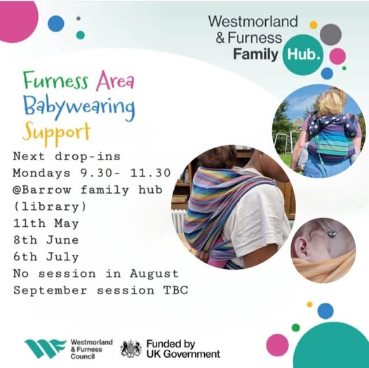 A graphic with details of the Babywearing Support sessions, with titles in a handwriting-style font in different colours. There are three round images showing babies wrapped in fabric carriers, either on a person's back or front.