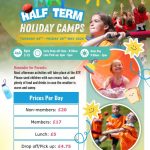 A flyer with details of the holiday camps and photos of a girl swinging a baseball bat, a group of children with red tabards jumping in the air, a small girl in pink bikini on a water slide, and boys in orange tabards playing baseball.