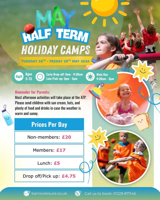 A flyer with details of the holiday camps and photos of a girl swinging a baseball bat, a group of children with red tabards jumping in the air, a small girl in pink bikini on a water slide, and boys in orange tabards playing baseball.