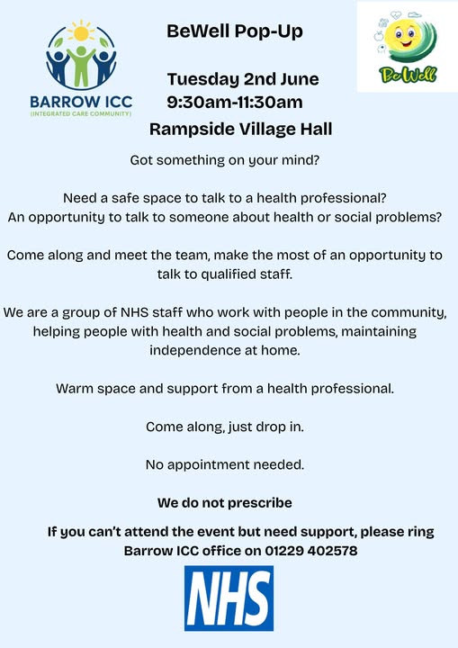 A flyer with details of the BeWell pop-up, on a light blue background.