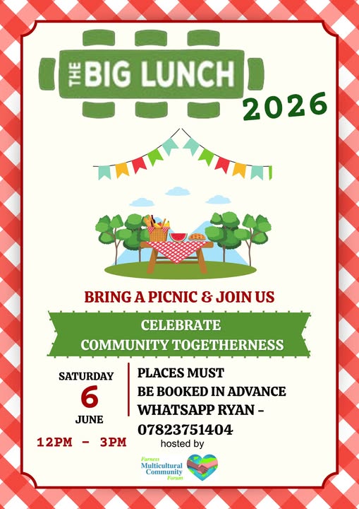 A poster with a red and white checked border and details of the Big Lunch, with a graphic showing multicolored bunting, a picnic table with tablecloth, basked of food, watermelon and pie, on a patch of grass with trees in the background