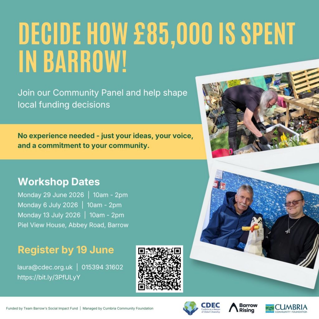 A graphic in green and yellow, with two photos - one of a white-bearded man dressed in black beding over a small flowerbed with wooden border, and another of two men with a sculpture of a seagull with a chip in its mouth