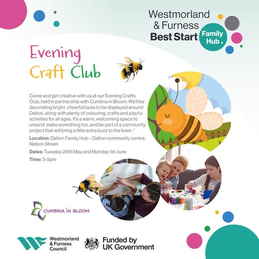 A flyer for the Craft Club, with the title in a handwriting-style font in bright colours. There are three round images. One has a cartoon orange bee, the other two show children drawing/painting, with adults assisting.