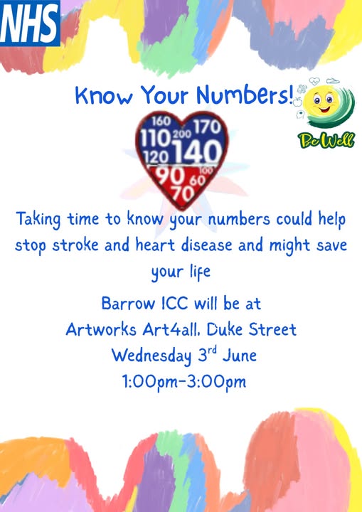 A flyer for the Know Your Numbers session. There is a hear shape with different numbers inside on a red and blue background, and abstract coloured shapes o the edges of the flyer.