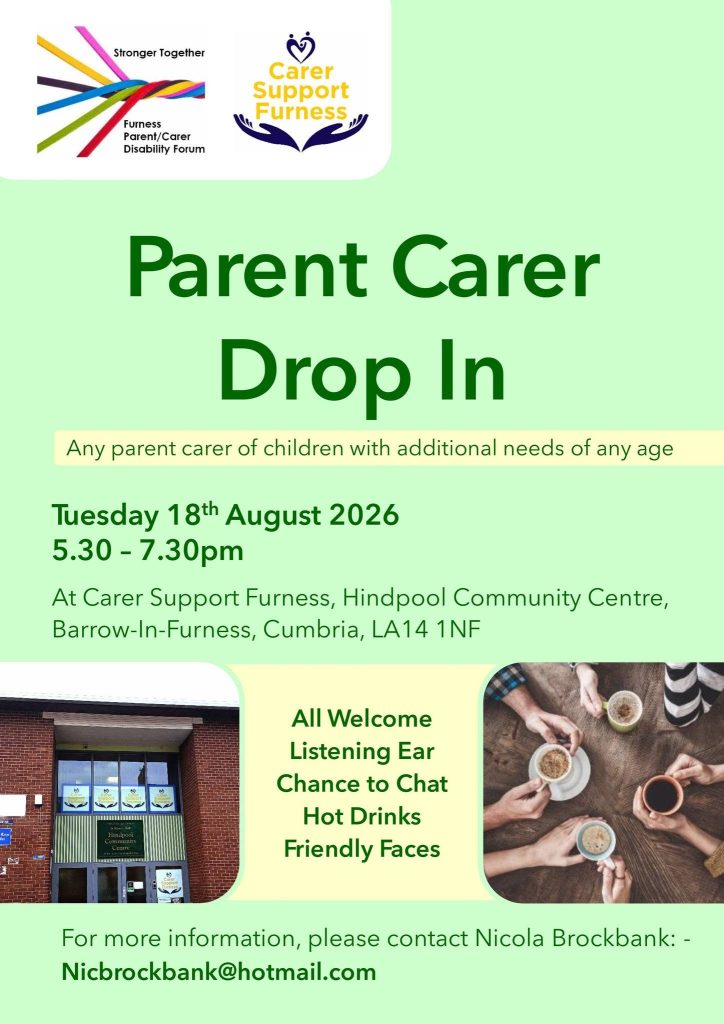 A flyer with Dark green text on a light green and light yellow background. There are two small photos of the Hindpool Community Centre and and aerial shot of hot drinks, with hands holding them