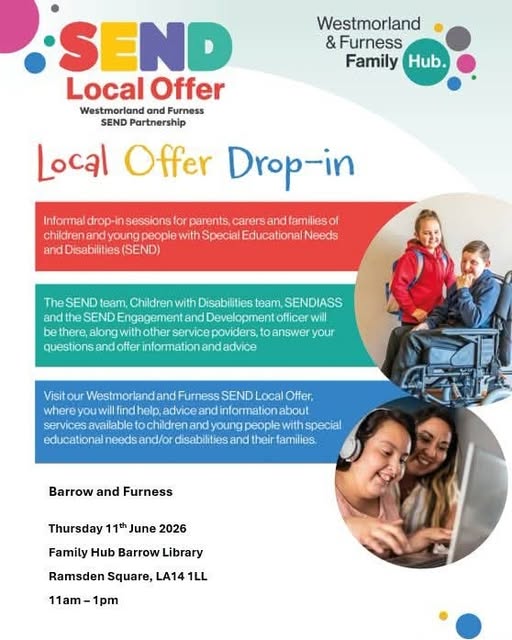A poster for the SEND drop-in, with title text in a handwriting-style font in bright colours. There are three boxes with white text on red, green and blue backgrouds, and two photos - one of a box in blue clothes in a wheelchair with a girldwith red top and rucksack next to him. The other shows a person wearing headphones at a keyboard, sniling, with a woman with long brown hair behind her, also smiling.