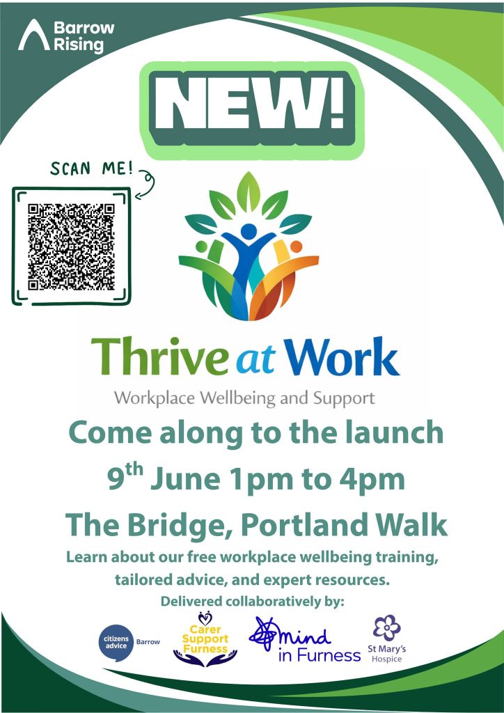 A graphic for Thrive at Work, with swirls around the outer edges in shades of green. There is a gree, blue orange and yellow logo, which is a stylised version of people with arms raised, with coloured leaves above. There is a QR code.