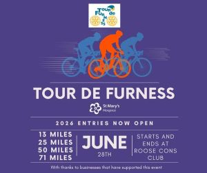 A purple graphic with details of Tour De Furness, and silhouetted images of cyclists in orange and blue