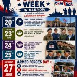 A poster for Armed Forces Week, with silhouettes of soldiers ships, aircraft. There are sections for each day's activities, alongside images of armed forces personnel