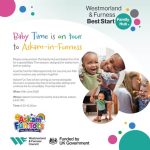 A graphic for Baby Time, with details of the session. The title text is in a handwriting-style font in bright colours. There are three round images showing smiling babies interacting with mums, and being helped with first steps.