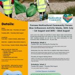 A detailed flyer for Blue Influencers, with schedule and details in grey and orange boxes. There is a photo of two people with hi-vis jackets on, carrying green bags and litter pickers,on a pebbly shore. Another picture shows two boys in school uniforms, holding litter pickers up in the air.
