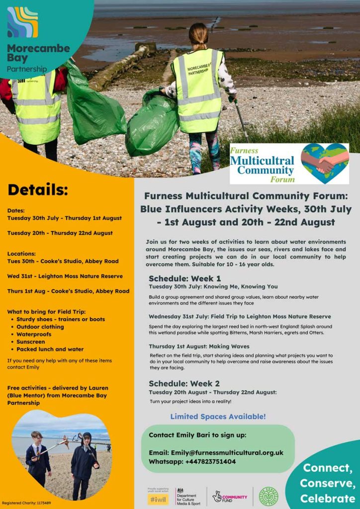 A detailed flyer for Blue Influencers, with schedule and details in grey and orange boxes. There is a photo of two people with hi-vis jackets on, carrying green bags and litter pickers,on a pebbly shore. Another picture shows two boys in school uniforms, holding litter pickers up in the air.
