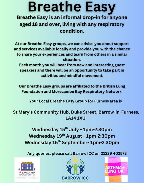 Details of Breathe Easy sessions, in black text of a light blue/green background.