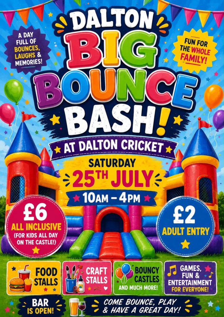 An AI-generated poster for Dalton Big Bounce Bash, in bright colours, with an image showing a large bouncy castle with multiple turrets. There are coulored balloons, stars and bunting.