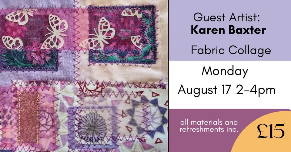 A graphic for Fabric Collage, with an image of fabrics in purples, pinks and greens, stitched together and overlaid on each other