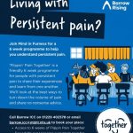 Graphic for Flippin' Pain Together. Blue background, with dark blue areas, both with white text over. There is a cartoon-style drawing of people chatting around a table.