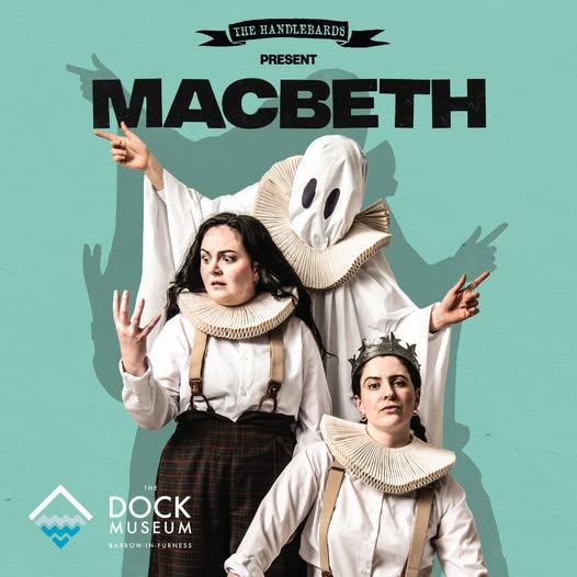 A graphic for Macbeth. There are three actors - one at the back wearing a white head covering with large, black. eyes, a ruff, an white cloak. The next is staring at their hand in horror. The third wears a crown and braces.