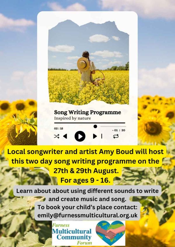 A graphic containing an image that looks like the interface of a media player, with a picture of a girl in white dress, stood in a filled of yellow flowers with her back to the camera. She has a large straw hat hanging on her back, and a wicker basket on one arm. This is oveerlaid of a photo of a field of sunflowers, with text about the Song Writing Programme in yellow and grey boxes.