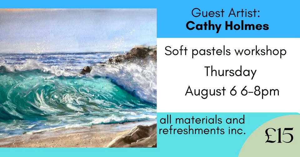 Graphic for the soft pastels workshop, with a pastels images of of waves crashing on a beach.