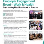 A flyer with lots of text details of the event, and three images of people in conversation across a desk of leaflets with roller banners behind, and in conversation with people around a round table.