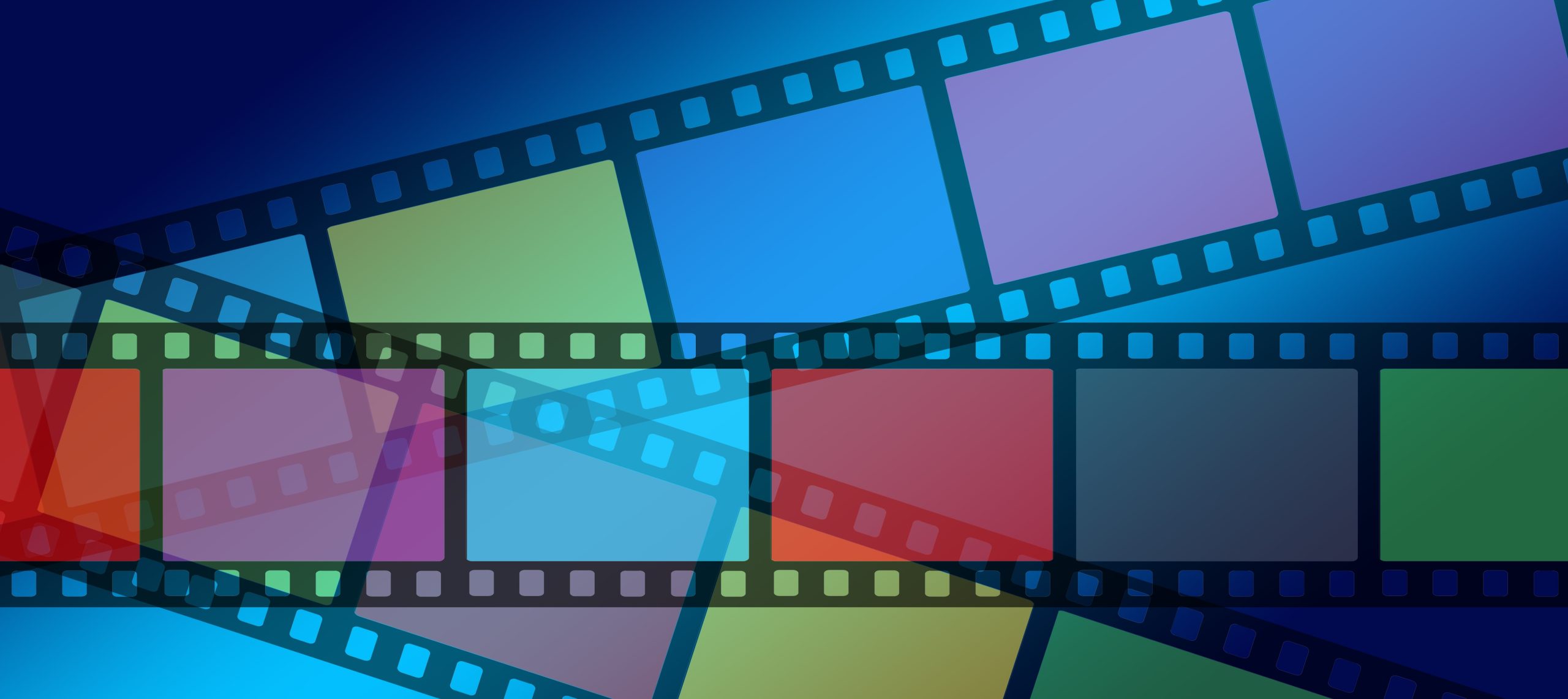Three strands of film at different angle, overlapping, on a blue background. Each frame is a different colour