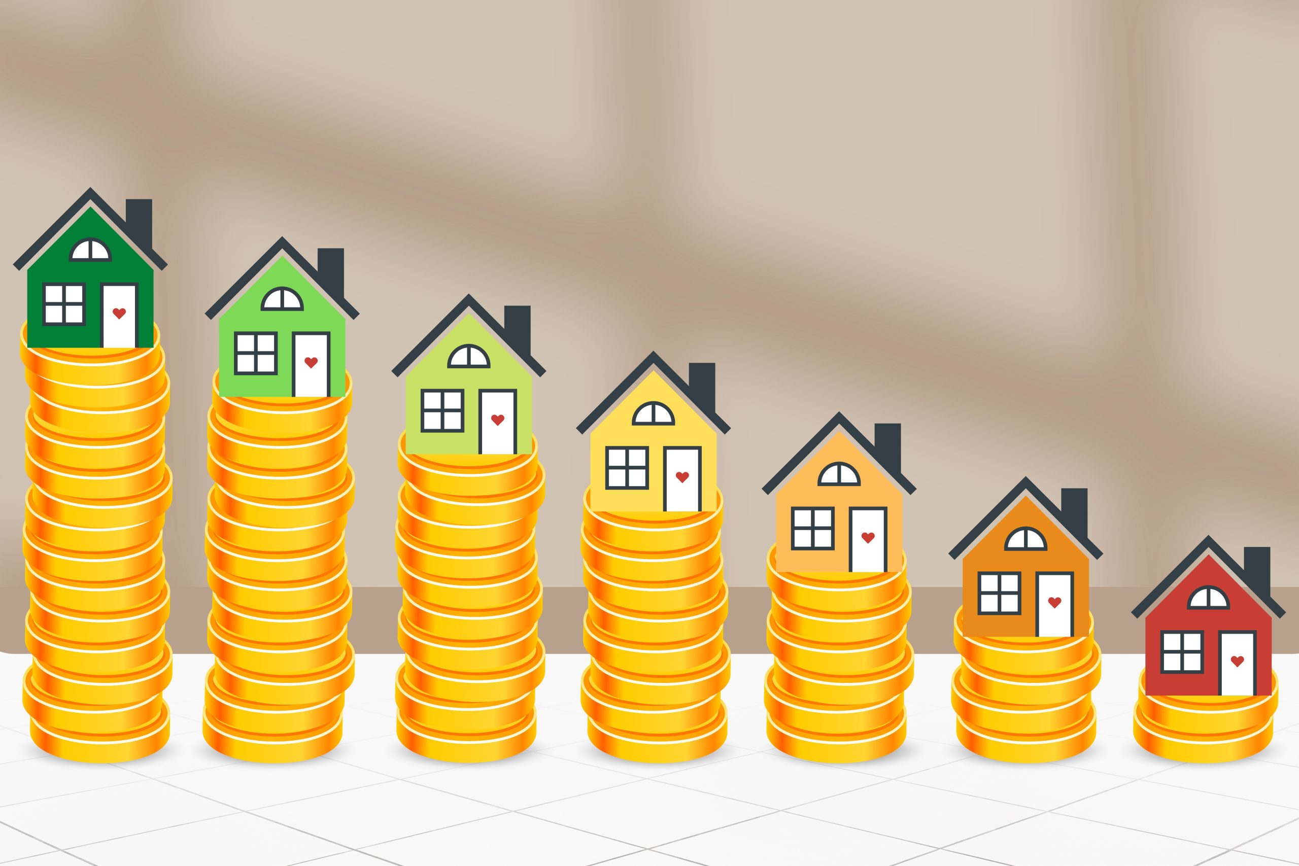 Graphic showing piles of gold coins, reducing in height from left to right. There are coloured houses on top, changing from green to red.
