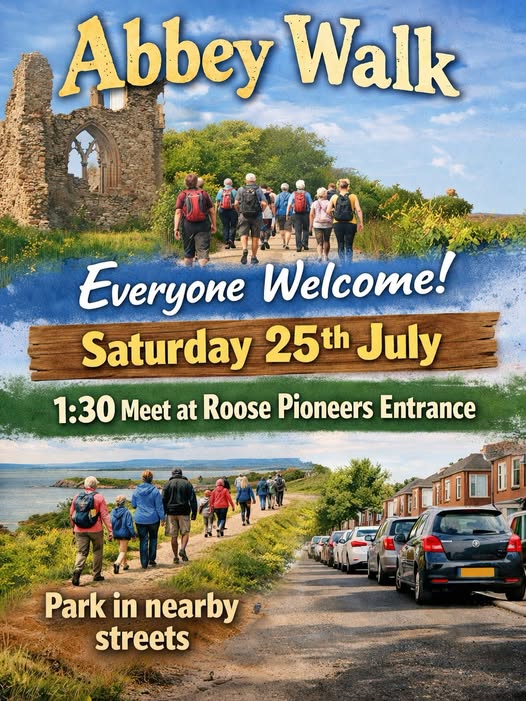 A poster for the Abbey Walk, with a montage of images of people with rucksacks walking past a ruined church, walking along a coastal path, and a street with cars parked at the side of the road