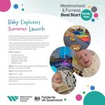 A graphic for Baby Explorers Summer Launch, with title text in a handwriting-style font in bright colours. There are 4 overlapping rounf photos, two showing babies, one with a room full of coloured lights and mats, and another showing a room with mats and toys in.