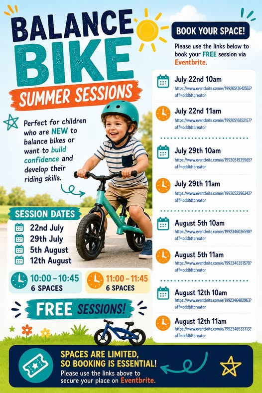 A poster for Balance Bike Summer Sessions, with dates and times and a picture of a young boy with brown hair on a green and black balance bike. Hi is smiling, weating a green helmet, and had a blue and white striped top on and tan shorts.