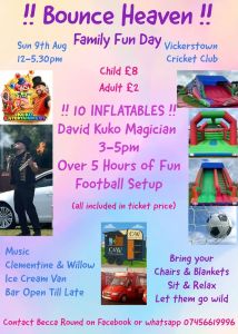 Poster for Bounce Heaven, with pictures of inflatables, an accordian player dressed in black, ice cream van and a football hitting a goal net.