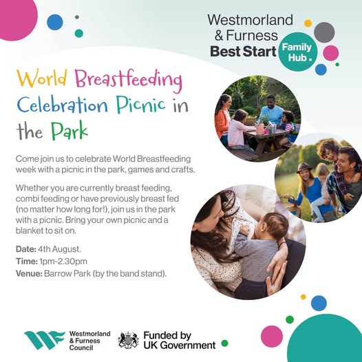 A graphic for the World Breastfeeding Celebration event, with title text in a handwriting-style font in bright colours. There are round images showing a mum breastfeeding a dark-haired bay, a family with a picnic basket crossing a field, and family sat at a wooden picnic table