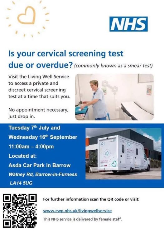 A poster about cervical screening tests in blue and white. There are pictures of a nurse next to an empty bed for patients to lie on, and another a large van with graphics on.