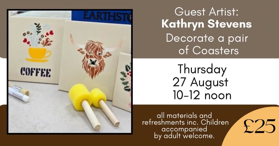 A graphic for the coaster decorating event. There is a photo of decorated coasters with images including a highland cow, flowers in a cup, and Christmas-themed imagery.