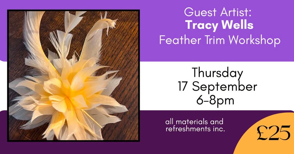 A graphic for the Feather Trim Workshop, in shades of purple and white. There is a photo of a flower shape, made from trimmed peach-coloured feathers.