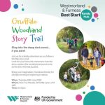 A graphic for the Gruffalo event, with title text in a handwriting-style font in bright colours. There are three round photos, showing children on bikes on a wooded country path, a couple holding hands with two young children in woods, and a man running with a kit held high with three excited children.