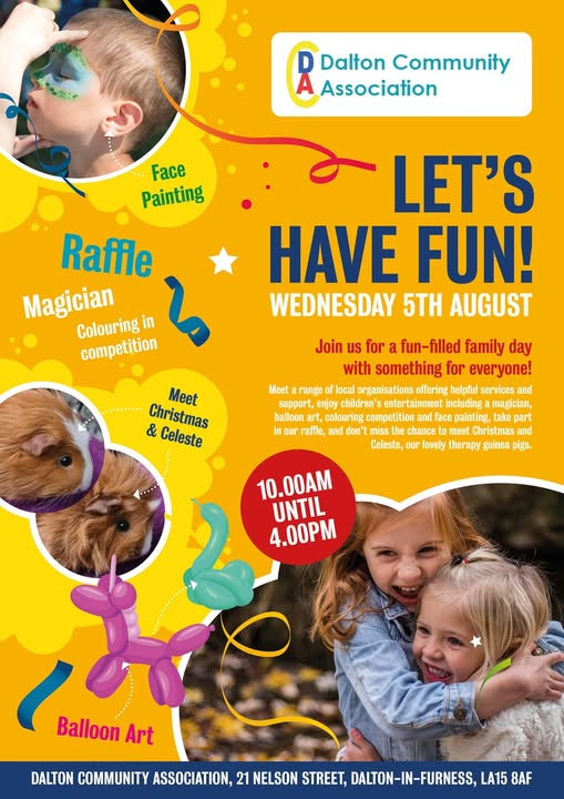 Poster for Let's Have Fun! Yellow and orange background, with a photo of two young girls laughing and hugging, a boy having his face painted and two furry creatures.