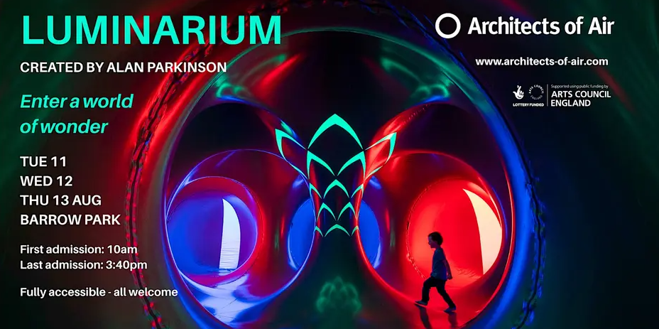 A graphic for the Luminarium, with a photo of a child walking through curved tunnels in a brightly lit maze of tunnels in vivid colours and shapes
