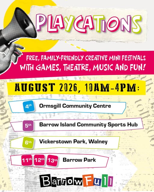 Playcations poster, in bright colours, with details and dates. Therre is a black and white image of a hand holding a loud hailer.