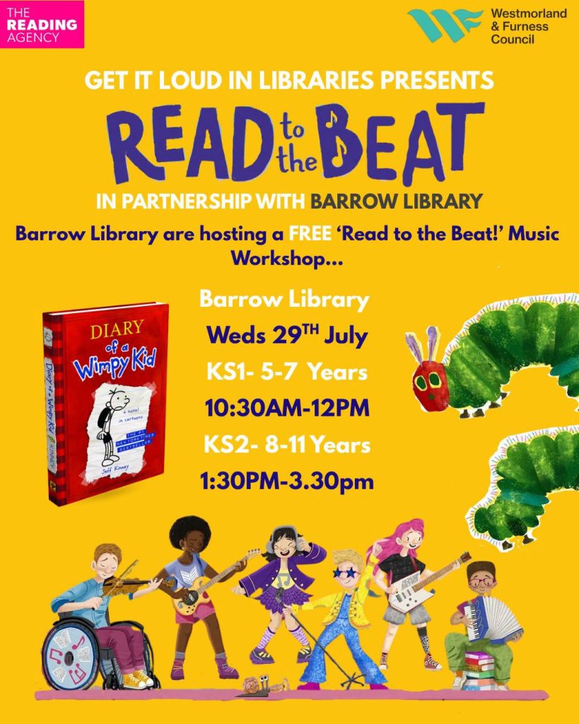 A orangey-yellow poster for Read to the Beat. There is a picture of a Diary of a Wimpy Kid book, a the Very Hungry Caterpillar. There are drawings of young people playing musical instruments, holding a microphone, and listening on headphones.