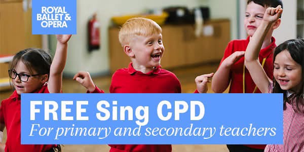 A graphic for the Sing CPD session. A photo of excited young children wearing red polo shirts, some with hands in the air